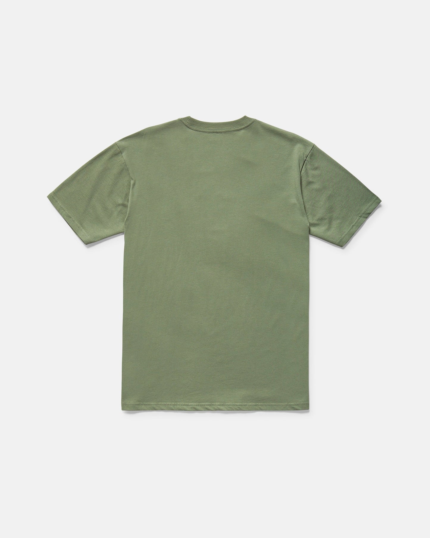 The Volcom Men's Be Kind Rewind Short Sleeve Tee in plain olive green is laid flat, back side up, with no visible logos or designs. This classic fit tee is made from soft organic cotton for everyday comfort.