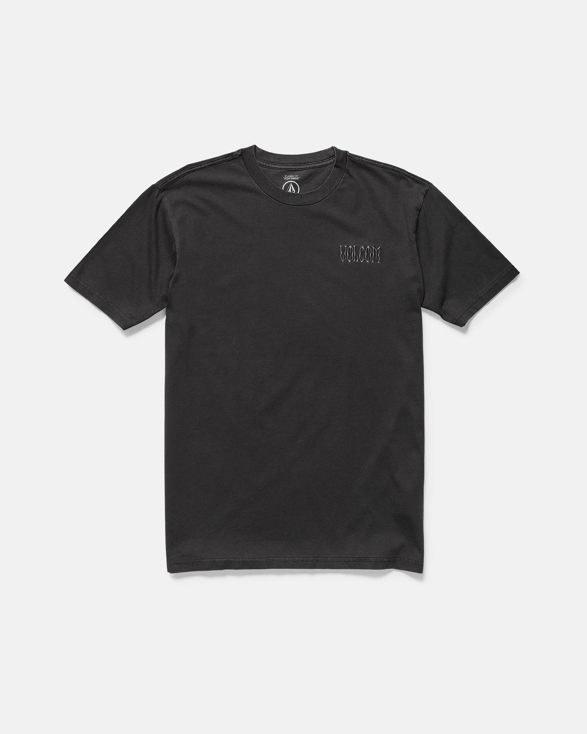 The Volcom Men's Proto Type Short Sleeve Tee is a loose-fit black crew t-shirt crafted from heavy cotton, featuring a small embroidered logo on the left chest, shown flat on a white background.