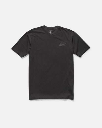 The Volcom Men's Proto Type Short Sleeve Tee is a loose-fit black crew t-shirt crafted from heavy cotton, featuring a small embroidered logo on the left chest, shown flat on a white background.