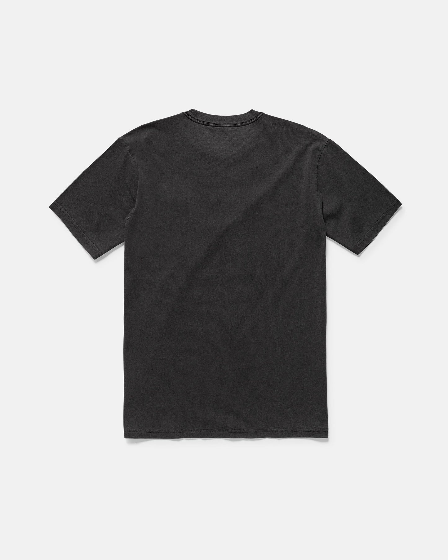 The Men's Proto Type Short Sleeve Tee by Volcom is laid flat with the back side facing up, displayed on a white background. It features a plain black, loose-fit crew neck and short sleeves.