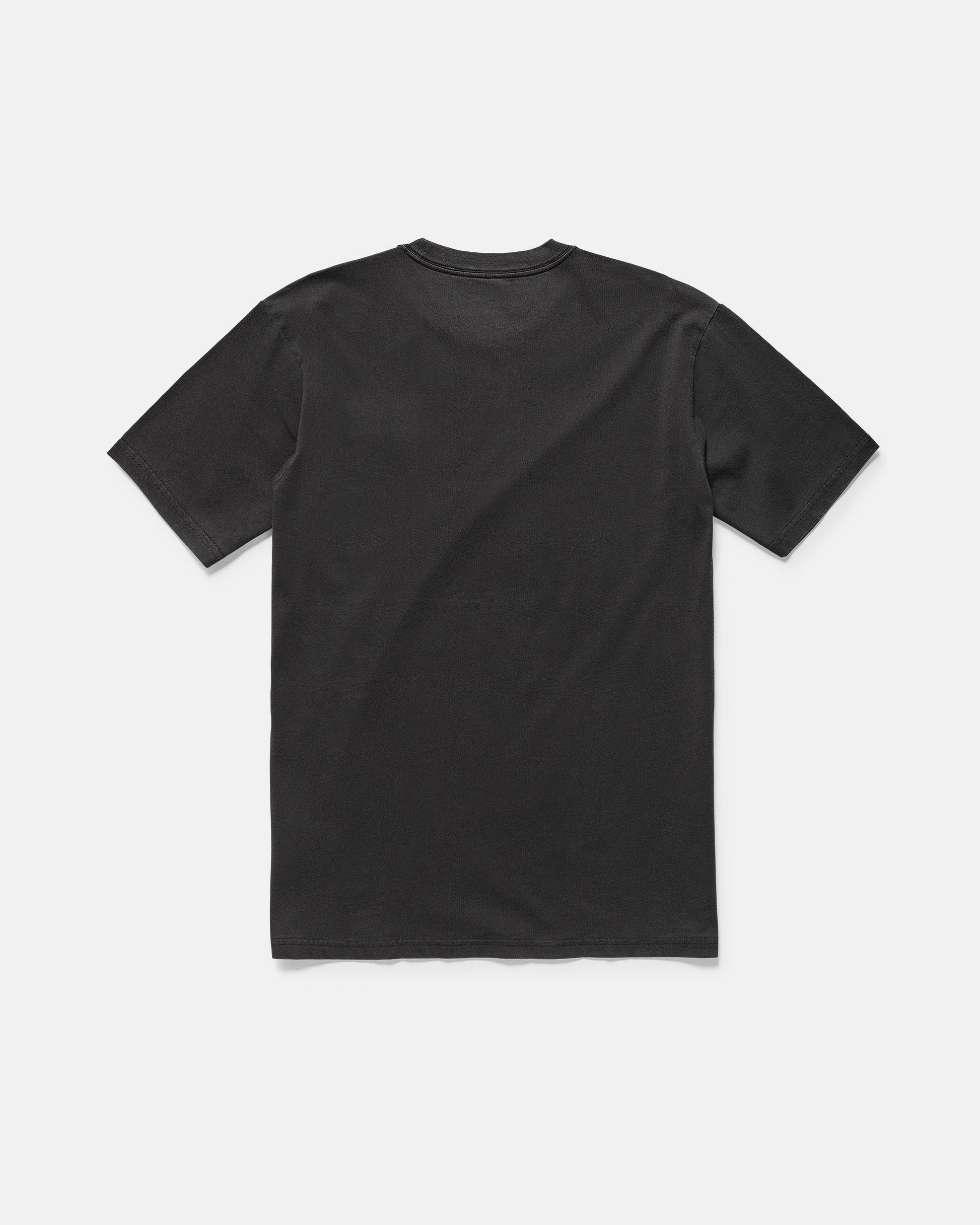 The Men's Proto Type Short Sleeve Tee by Volcom is laid flat with the back side facing up, displayed on a white background. It features a plain black, loose-fit crew neck and short sleeves.
