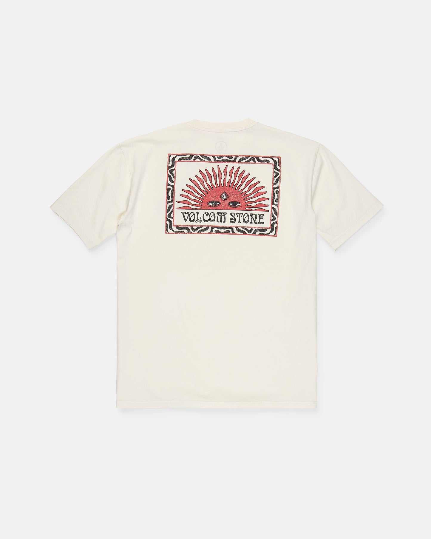 Back view of the Men's Helios Short Sleeve Tee by Volcom, crafted from soft 190g cotton for all-day comfort and featuring a rectangular graphic with a red sunburst, an eye, and VOLCOM STORE text, all framed by a decorative border.