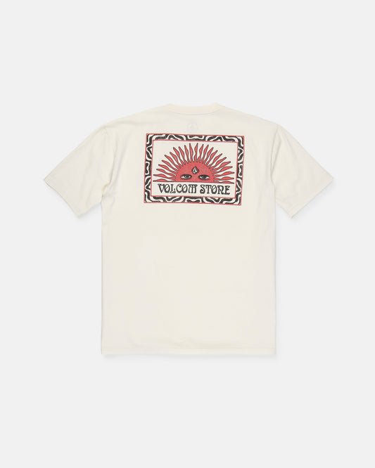 Back view of the Men's Helios Short Sleeve Tee by Volcom, crafted from soft 190g cotton for all-day comfort and featuring a rectangular graphic with a red sunburst, an eye, and VOLCOM STORE text, all framed by a decorative border.