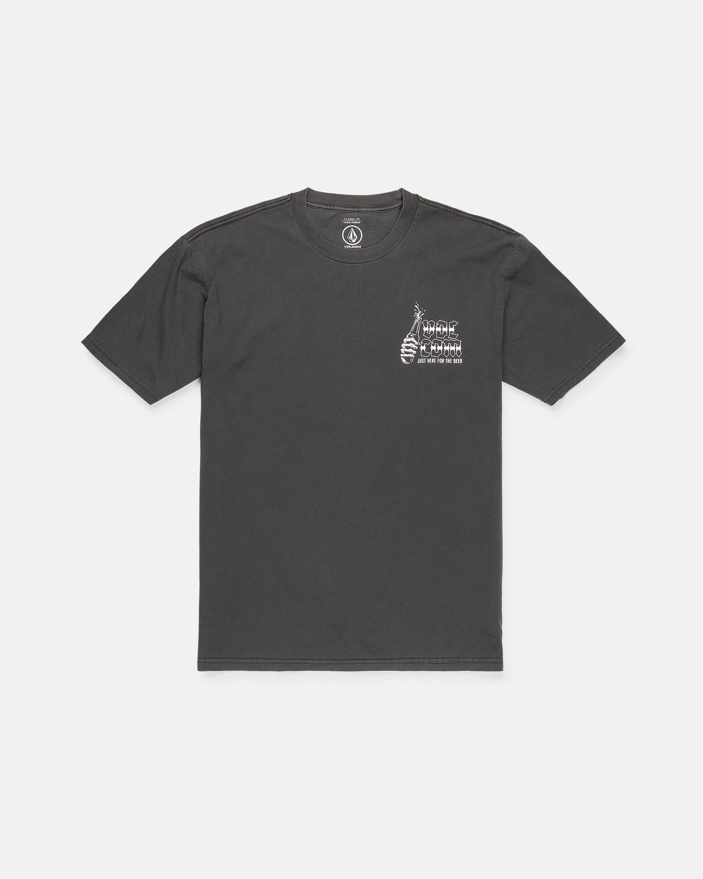 The Volcom Men's Fear No Beer Short Sleeve Tee is a black, loose-fit cotton t-shirt featuring a small white DNA helix and "Fear No Beer" text graphic on the left chest, shown laid flat on a white background.