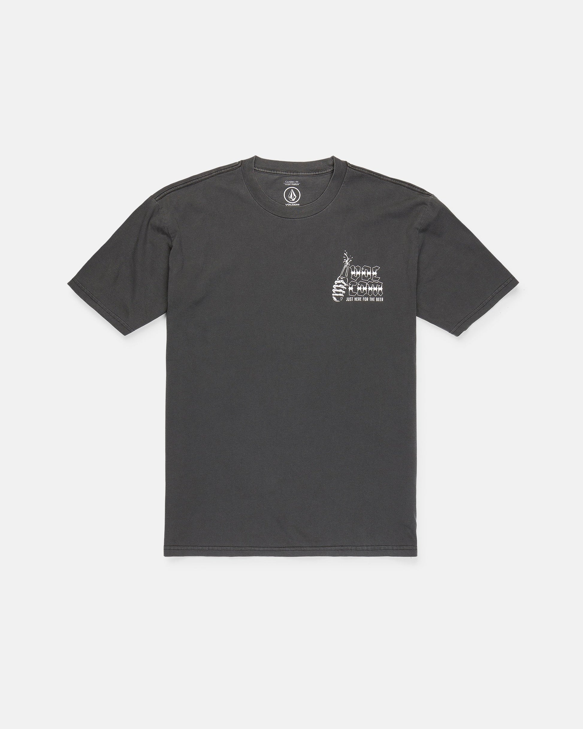 The Volcom Men's Fear No Beer Short Sleeve Tee is a black, loose-fit cotton t-shirt featuring a small white DNA helix and "Fear No Beer" text graphic on the left chest, shown laid flat on a white background.