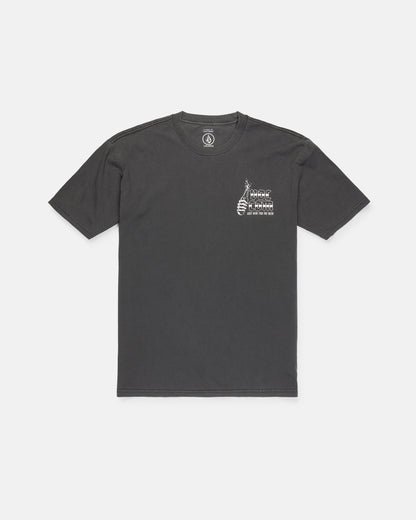 The Volcom Men's Fear No Beer Short Sleeve Tee is a black, loose-fit cotton t-shirt featuring a small white DNA helix and "Fear No Beer" text graphic on the left chest, shown laid flat on a white background.
