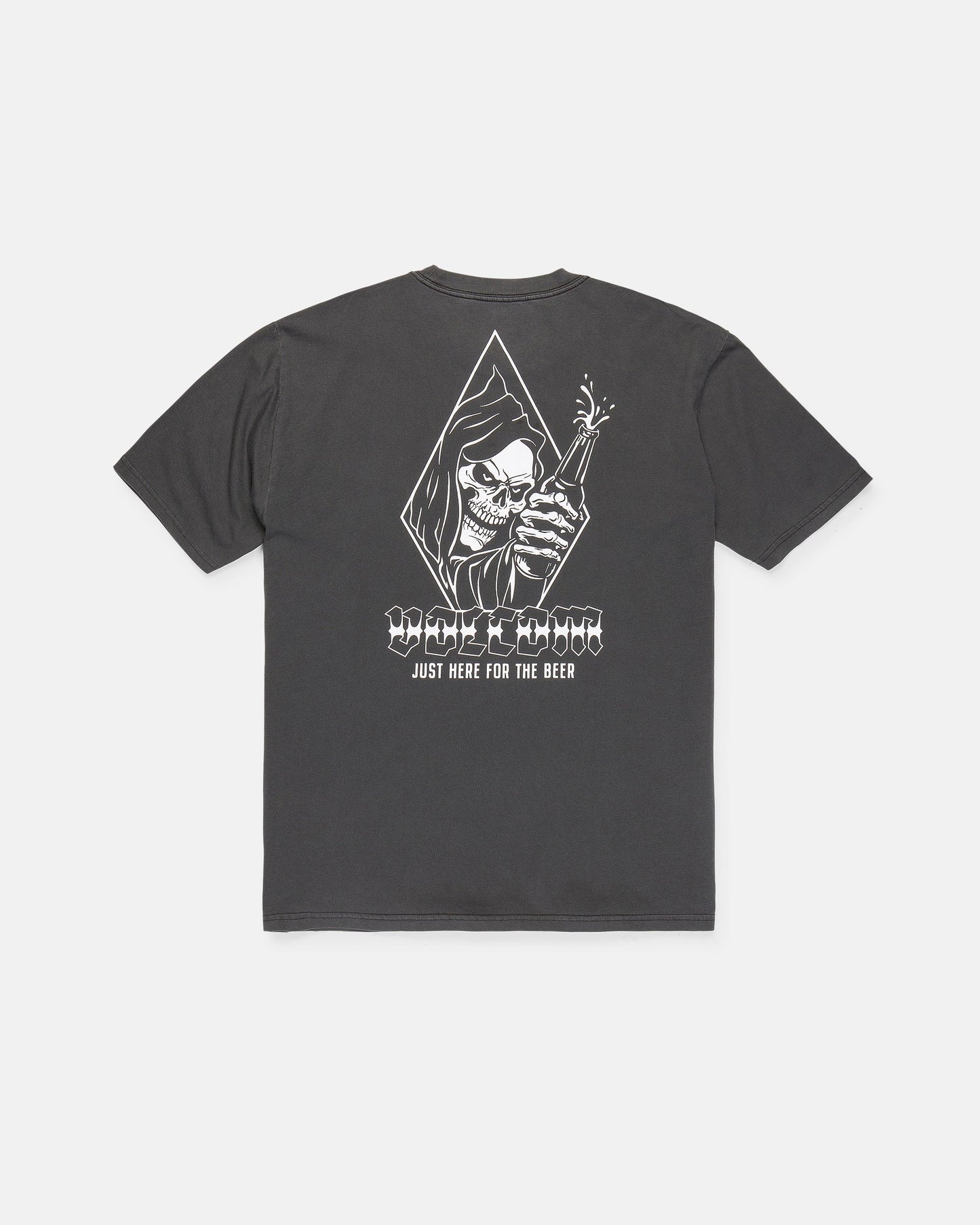 The Men's Fear No Beer Short Sleeve Tee by Volcom is a loose fit black graphic cotton shirt, featuring a white hooded skeleton holding a beer bottle. The design includes the phrases "DEATHWISH," "JUST HERE FOR THE BEER," and "Fear No Beer.