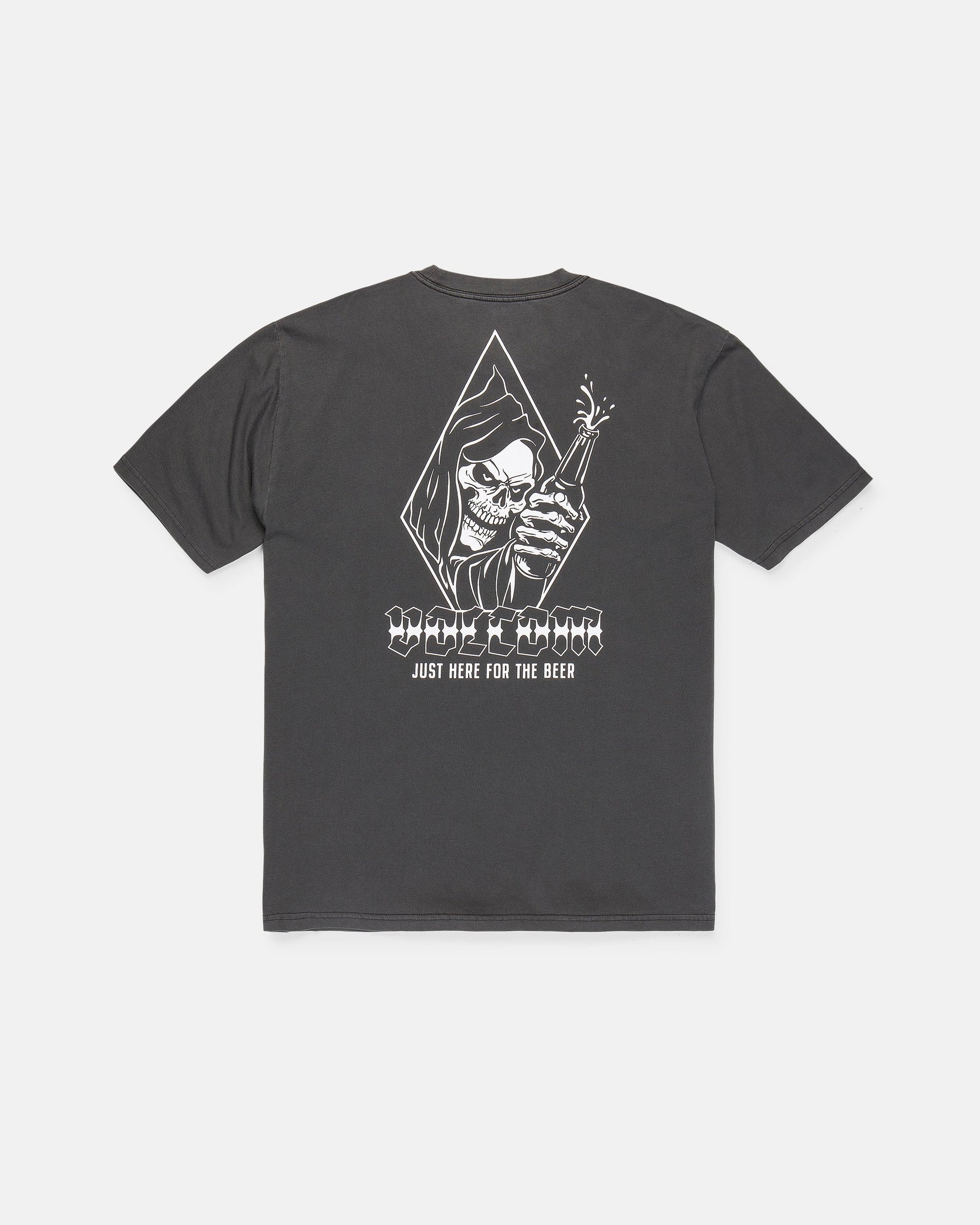The Men's Fear No Beer Short Sleeve Tee by Volcom is a loose fit black graphic cotton shirt, featuring a white hooded skeleton holding a beer bottle. The design includes the phrases "DEATHWISH," "JUST HERE FOR THE BEER," and "Fear No Beer.