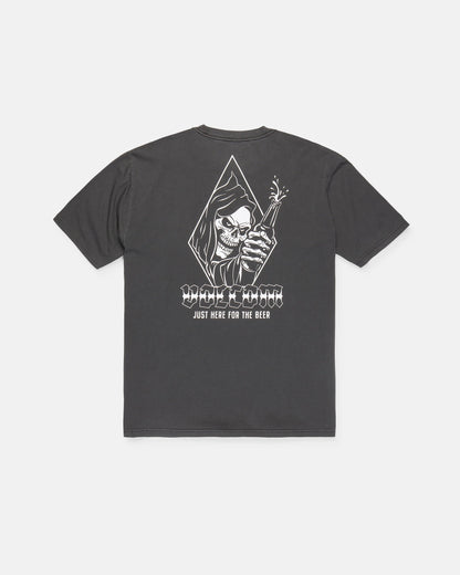 The Men's Fear No Beer Short Sleeve Tee by Volcom is a loose fit black graphic cotton shirt, featuring a white hooded skeleton holding a beer bottle. The design includes the phrases "DEATHWISH," "JUST HERE FOR THE BEER," and "Fear No Beer.