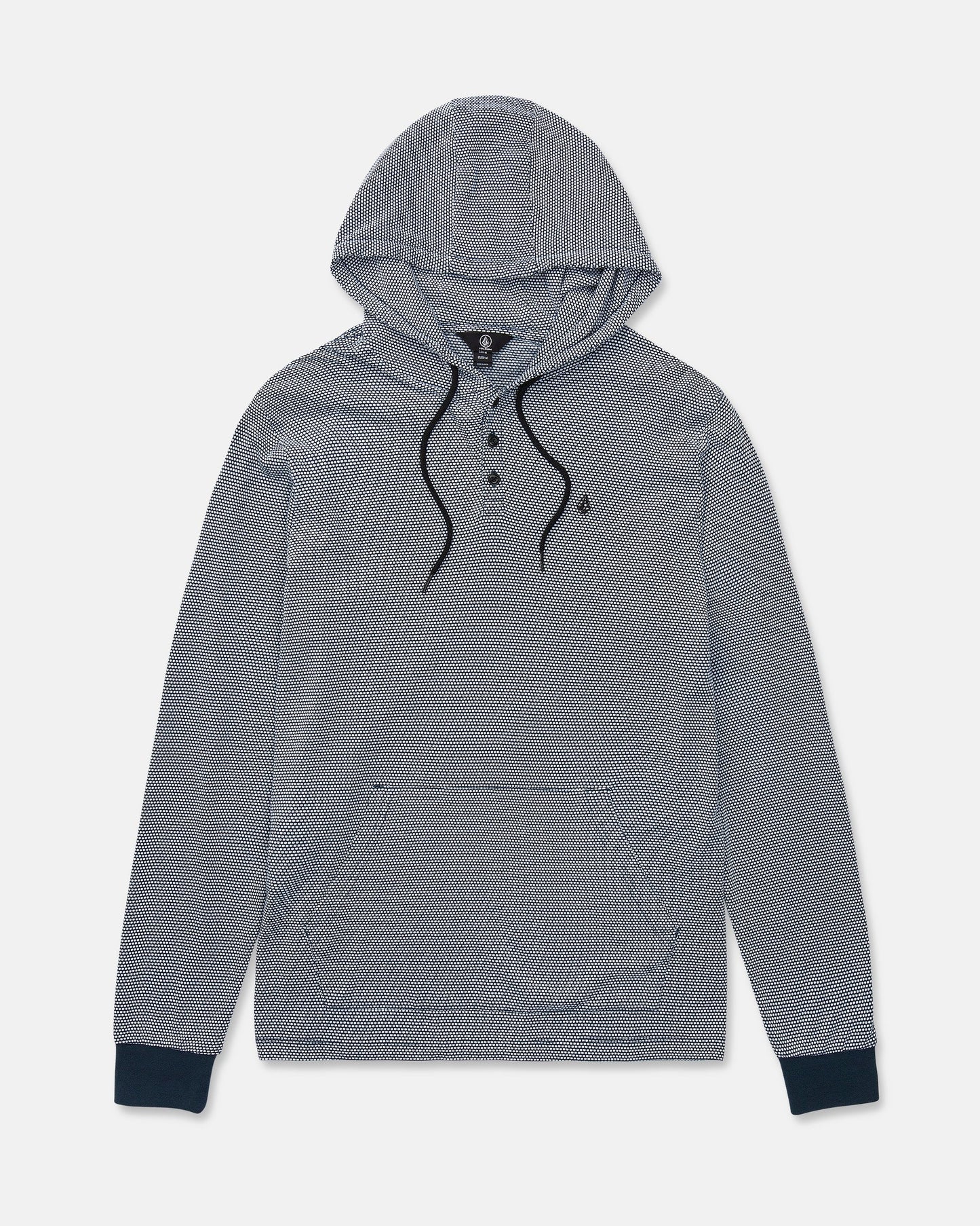 The Volcom Men's Rowan Thermal Long Sleeve Shirt is a gray pullover hoodie featuring black drawstrings, a three-button neck, a front kangaroo pocket, and dark ribbed cuffs. Providing midweight warmth, it is shown laid flat on a white background.