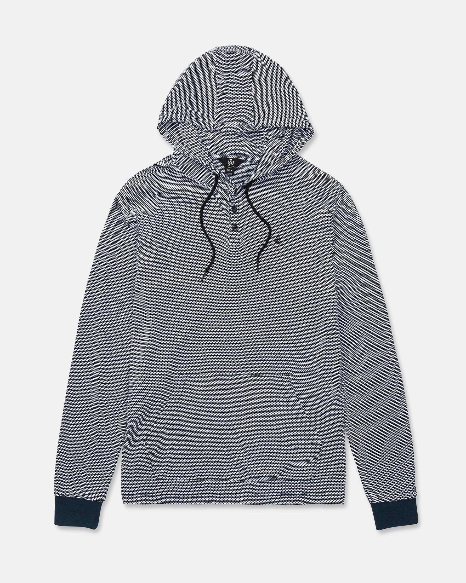 The Volcom Men's Rowan Thermal Long Sleeve Shirt is a gray pullover hoodie featuring black drawstrings, a three-button neck, a front kangaroo pocket, and dark ribbed cuffs. Providing midweight warmth, it is shown laid flat on a white background.