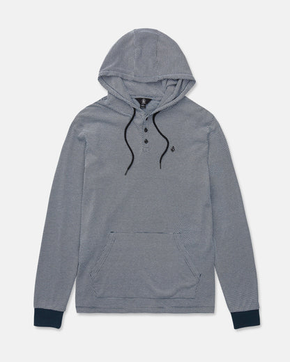 The Volcom Men's Rowan Thermal Long Sleeve Shirt is a gray pullover hoodie featuring black drawstrings, a three-button neck, a front kangaroo pocket, and dark ribbed cuffs. Providing midweight warmth, it is shown laid flat on a white background.