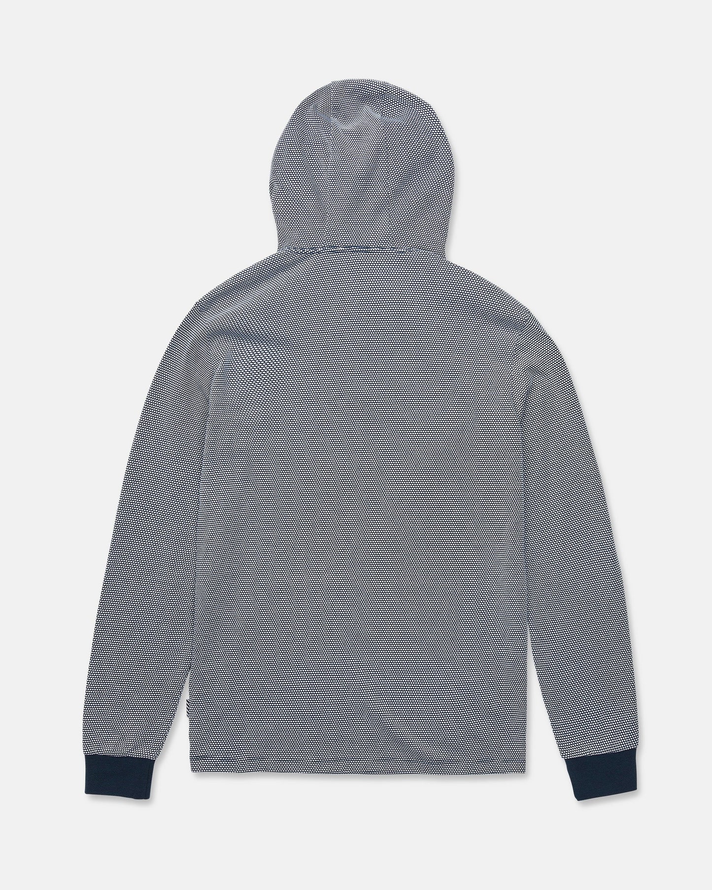 A back view of the Volcom Men's Rowan Thermal Long Sleeve Shirt in gray, featuring subtle diagonal stripes and dark cuffs, designed as a midweight warmth layer, laid flat on a white background.