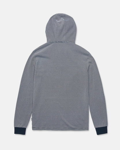 A back view of the Volcom Men's Rowan Thermal Long Sleeve Shirt in gray, featuring subtle diagonal stripes and dark cuffs, designed as a midweight warmth layer, laid flat on a white background.