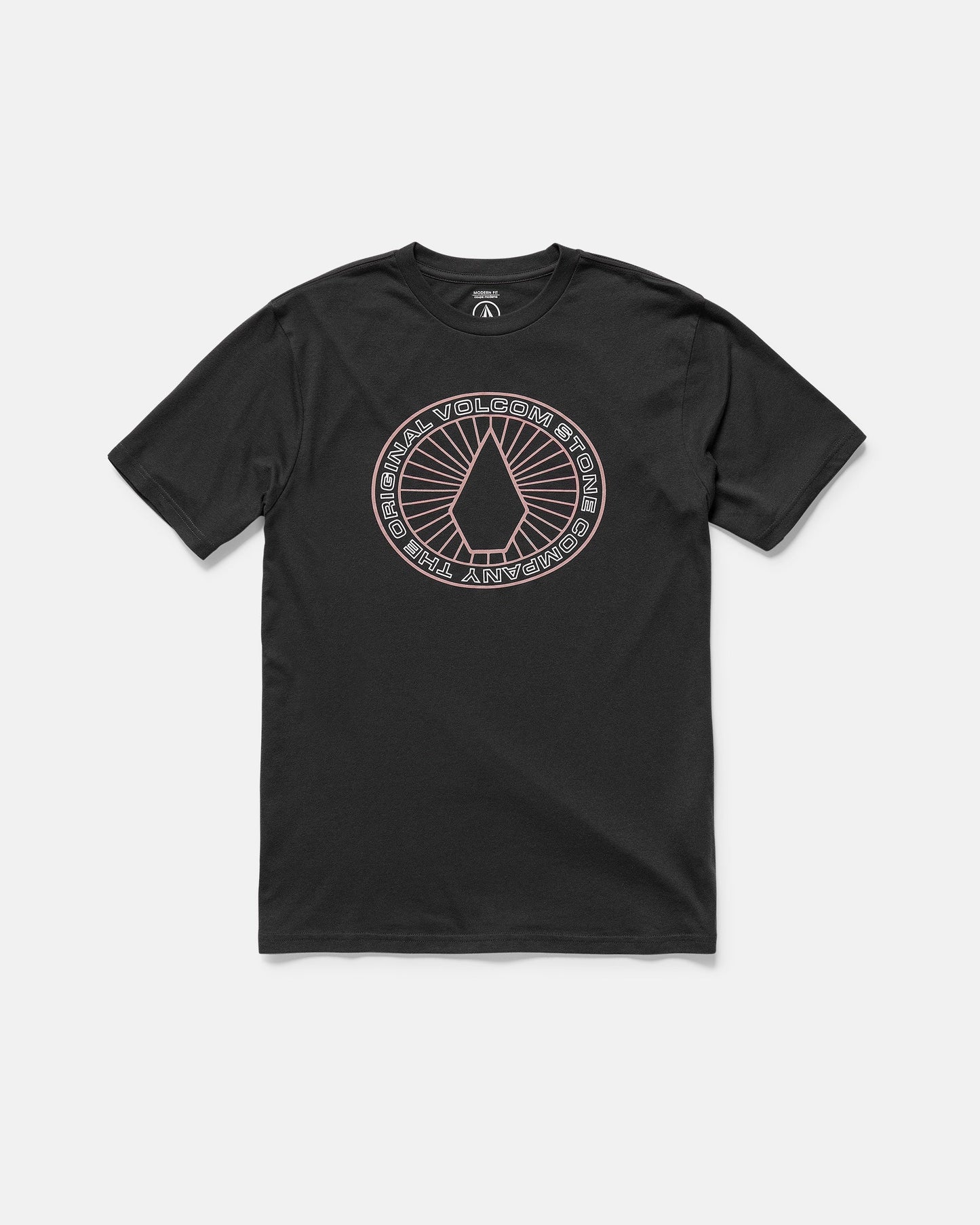 The Men's Medalist Short Sleeve Tee by Volcom is a black, modern fit shirt with a circular graphic featuring the Volcom stone logo and “The Original Volcom Stone Company” text in white and pink.