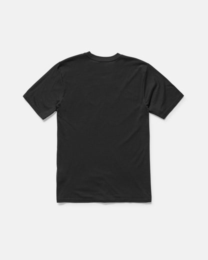 The Volcom Men's Medalist Short Sleeve Tee in black is displayed flat with the back side up on a white background, showcasing its modern fit.