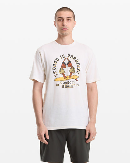 A man with short hair wears the Volcom Men's Stoned In Paradise Short Sleeve Tee, featuring "Stoned in Paradise" text and parrot graphic, paired with dark shorts, standing against a plain white background.
