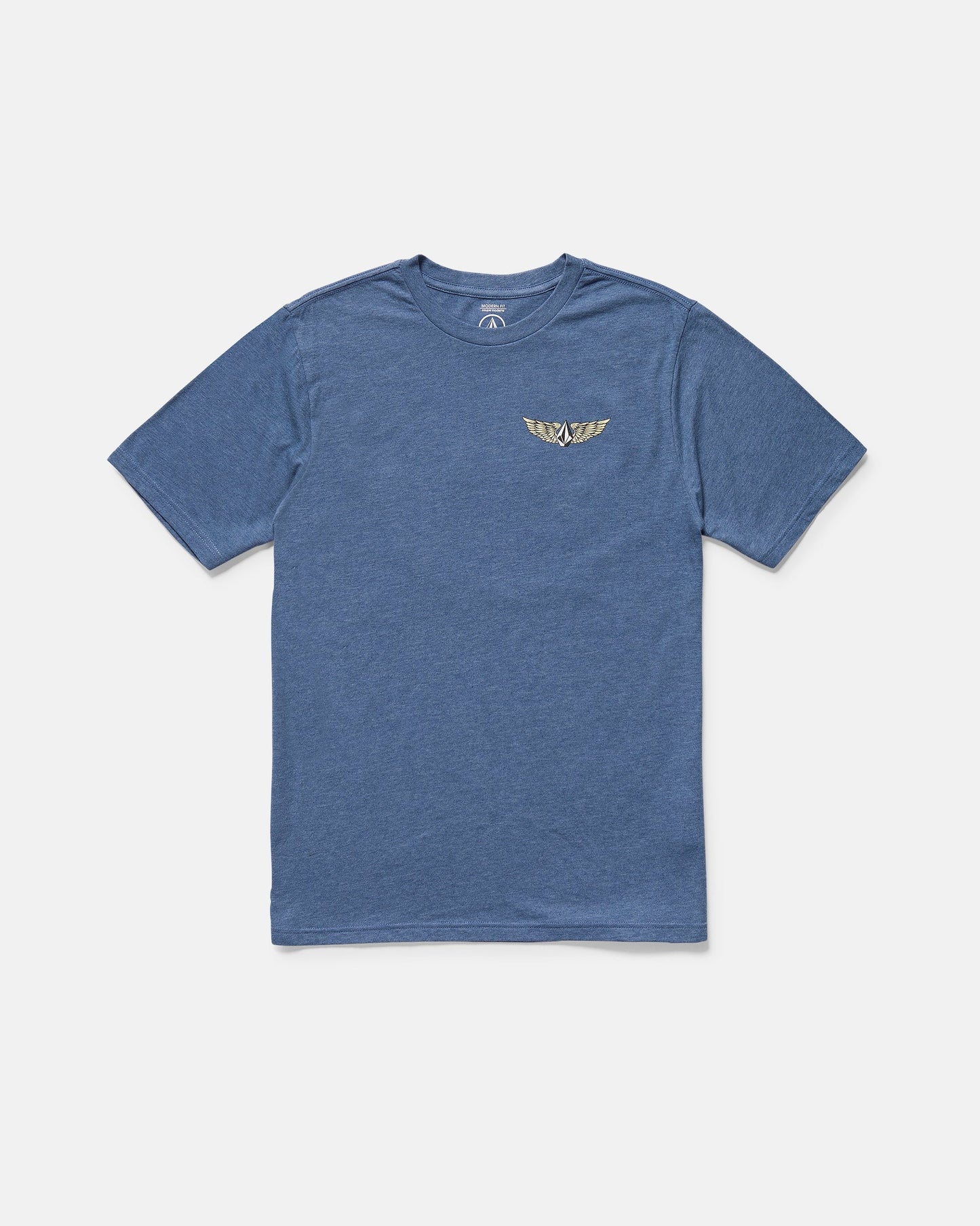 The Volcom Men's Hi Flyer Short Sleeve Tee is a blue modern fit top made from soft ring spun cotton, with a small gold winged emblem on the left chest, shown against a plain white background.