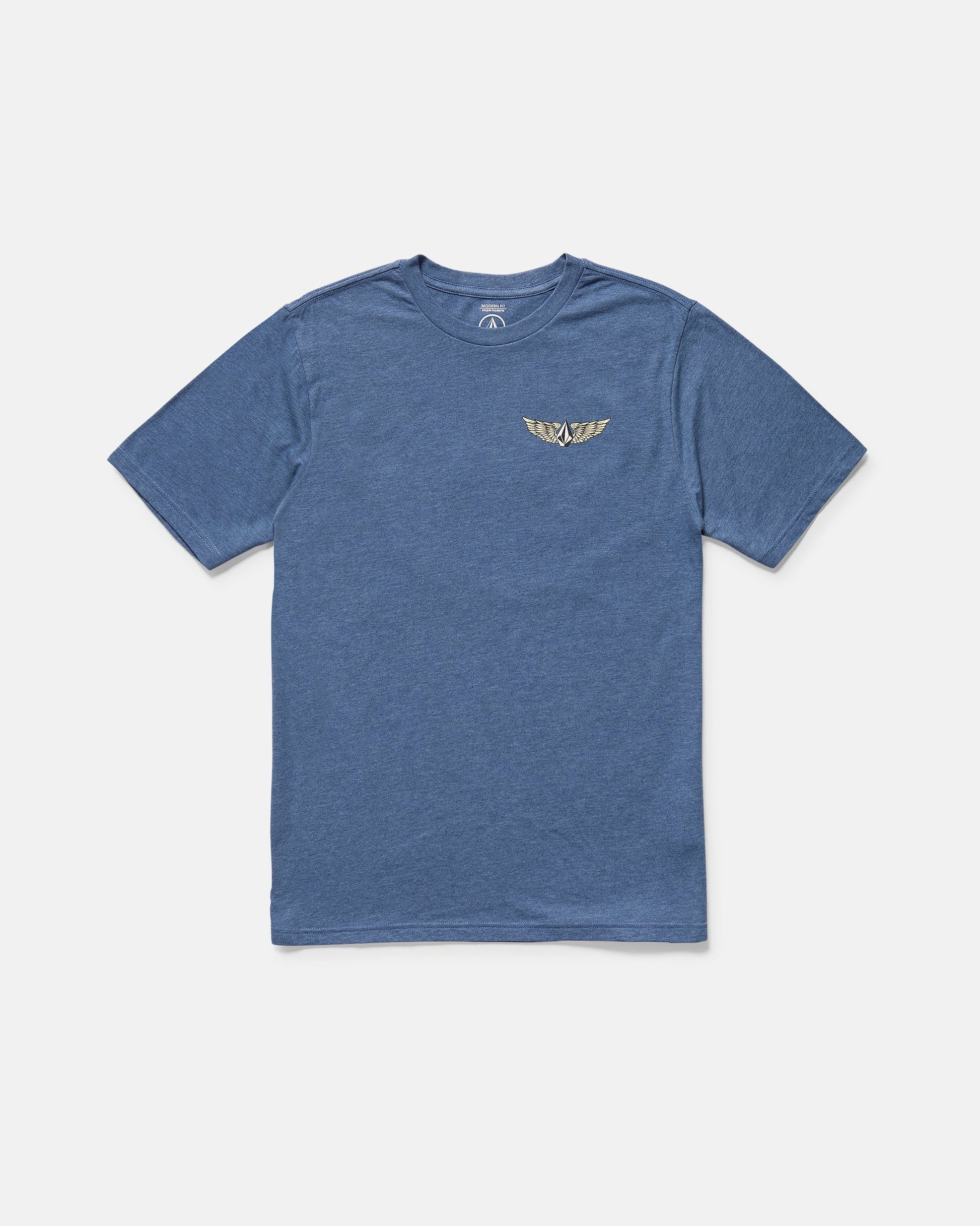 The Volcom Men's Hi Flyer Short Sleeve Tee is a blue modern fit top made from soft ring spun cotton, with a small gold winged emblem on the left chest, shown against a plain white background.