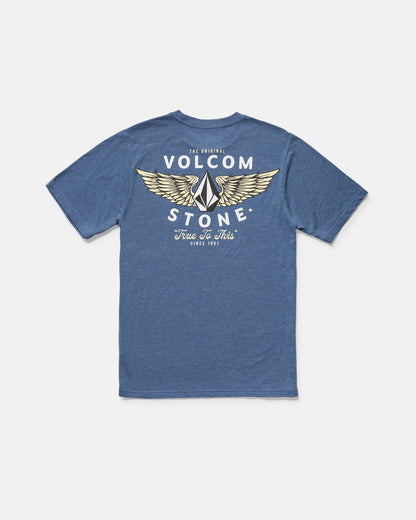 The Volcom Men's Hi Flyer Short Sleeve Tee is a blue modern fit shirt featuring a back graphic of yellow wings and bold "The Original Volcom Stone" and "True To This Since 1991" text in white and yellow.