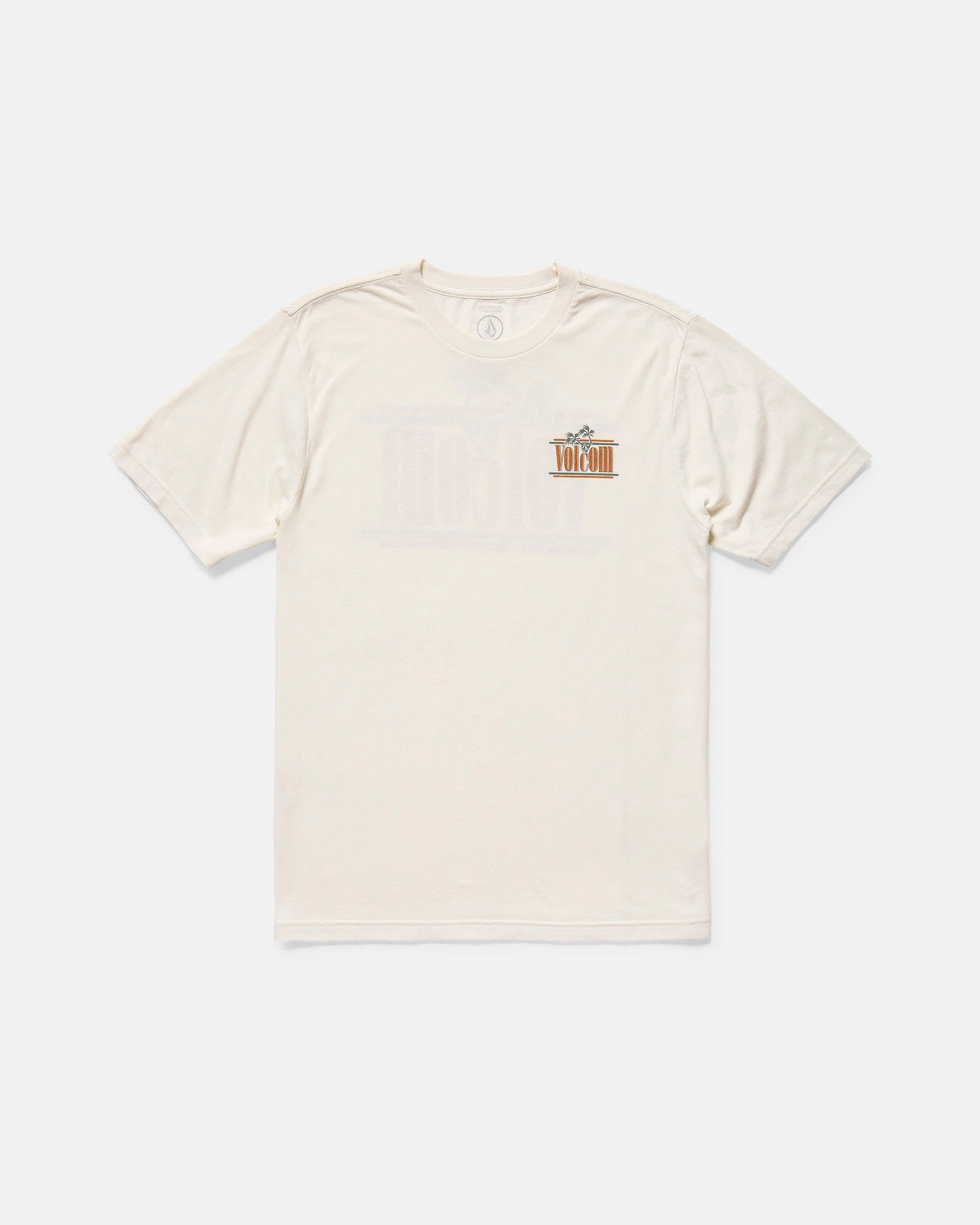 The Volcom Men's Breathe Deep Short Sleeve Tee is cream-colored with a small, colorful logo on the left chest. It features a modern fit and is displayed flat against a white background.