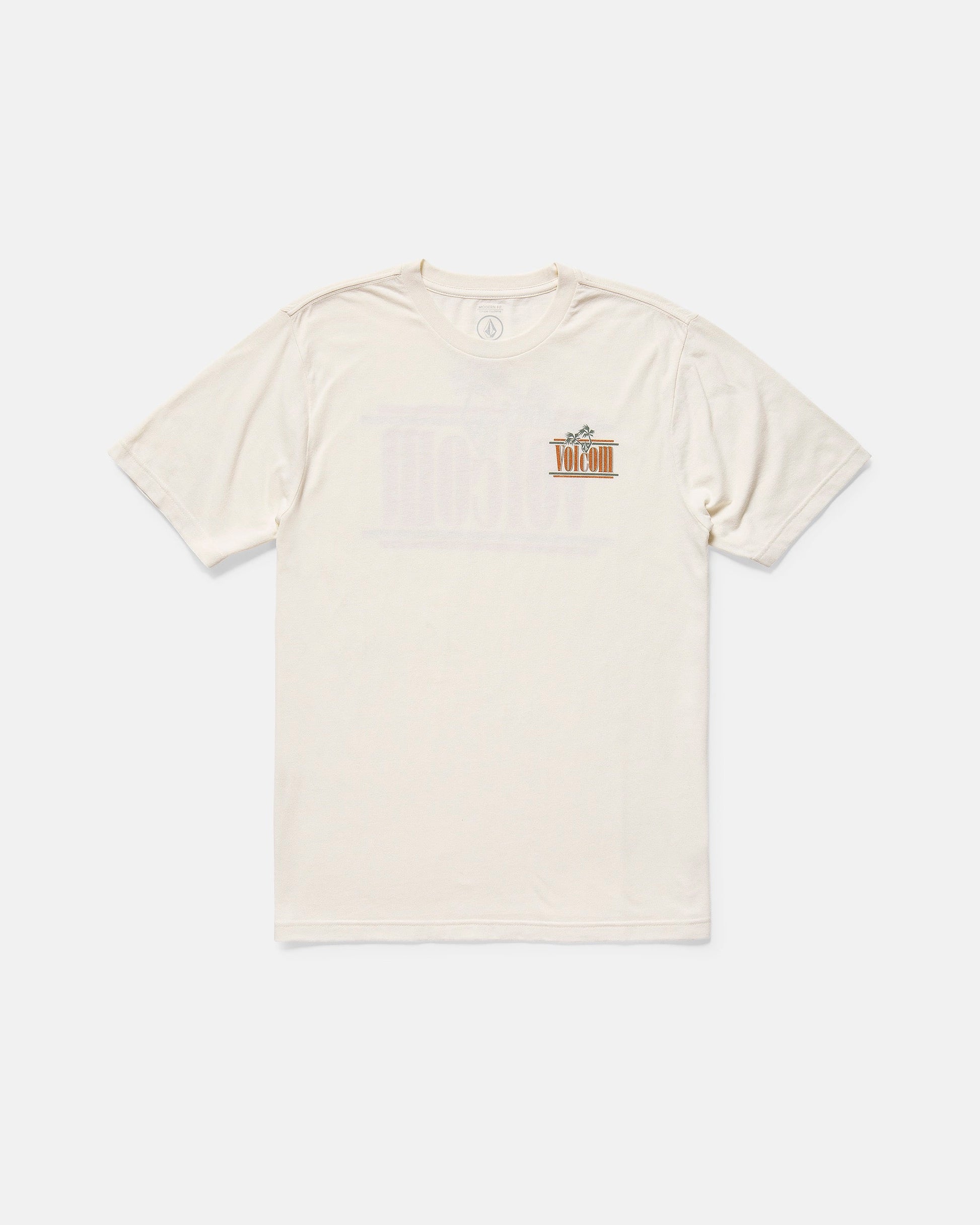 The Volcom Men's Breathe Deep Short Sleeve Tee is cream-colored with a small, colorful logo on the left chest. It features a modern fit and is displayed flat against a white background.