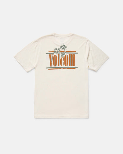 Back view of a white Volcom Men's Breathe Deep Short Sleeve Tee featuring an orange and green palm tree graphic with the Volcom logo and "STREETLIFE" in small text underneath.