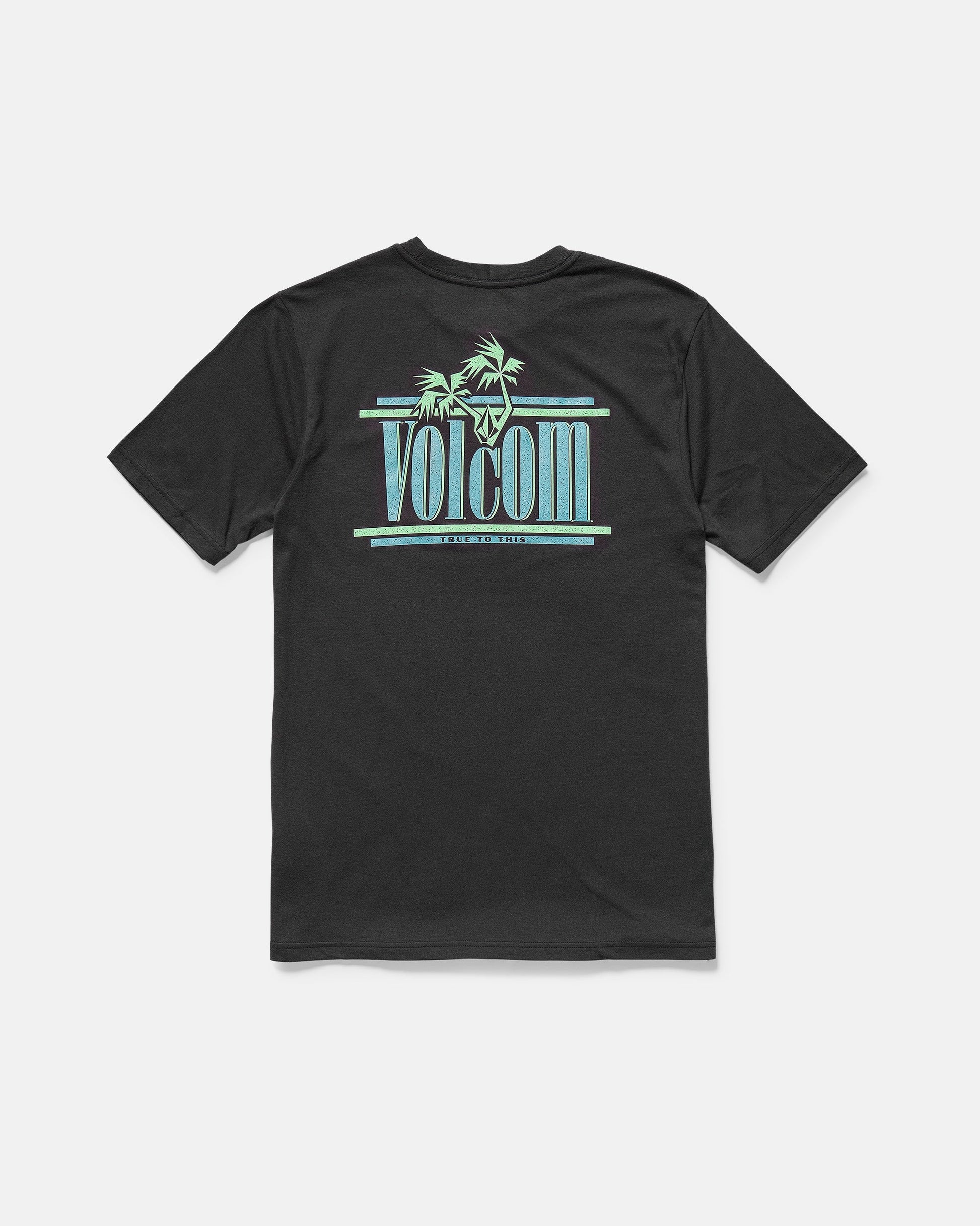 The Volcom Men's Breathe Deep Short Sleeve Tee features a modern fit and a large back logo accented with turquoise and light green palm trees and lines, offering a tropical, surf-inspired style.