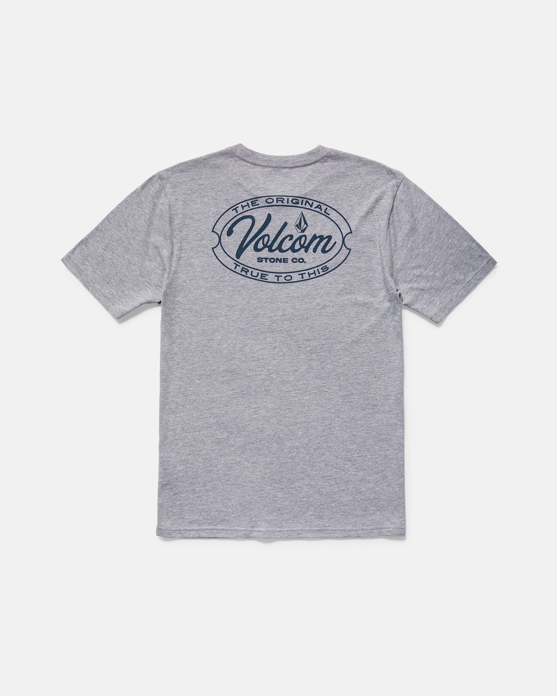 The Volcom Men's Garaged Short Sleeve Tee features a modern fit, heather gray fabric, a bold navy Volcom Stone Co. logo, and "The Original, True to This" text printed on the upper back.