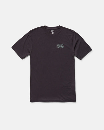 The Volcom Men's Garaged Short Sleeve Tee is a washed black heather tee with a small oval logo on the left chest, shown on a white background.