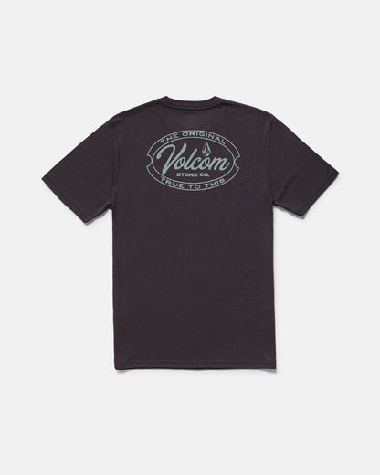 The Men's Garaged Short Sleeve Tee by Volcom is a modern fit, washed black heather tee with a bold Volcom Stone Co. logo and "The Original, True To This" in blue-green on the upper back.
