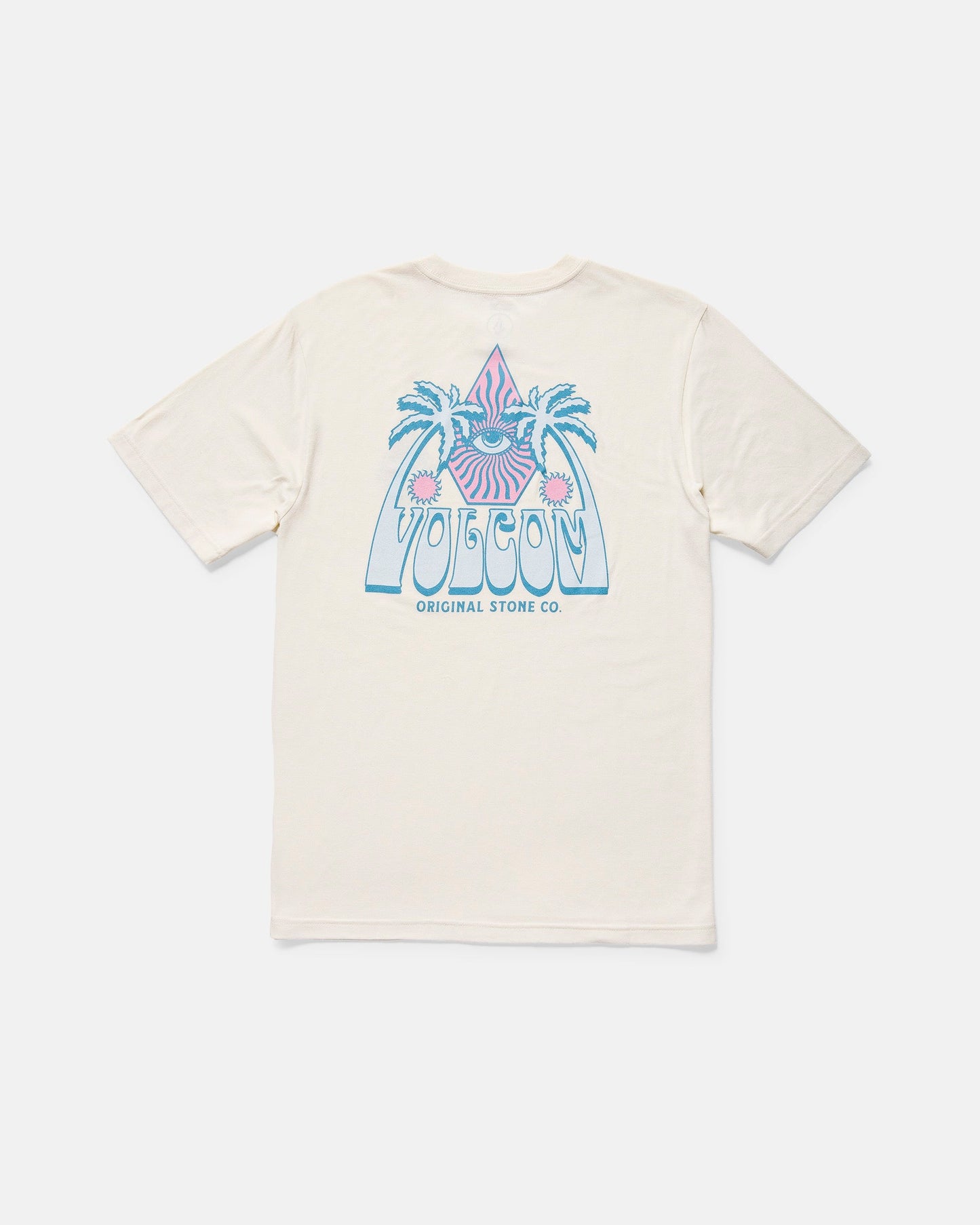 The Volcom Men's All Seeing Short Sleeve Tee features a modern fit and a back graphic with palm trees, sun, and blue and pink “VOLCOM ORIGINAL STONE CO.” text.