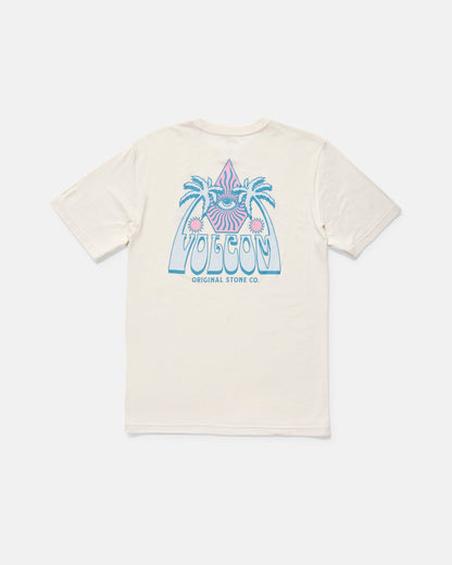 The Volcom Men's All Seeing Short Sleeve Tee features a modern fit and a back graphic with palm trees, sun, and blue and pink “VOLCOM ORIGINAL STONE CO.” text.