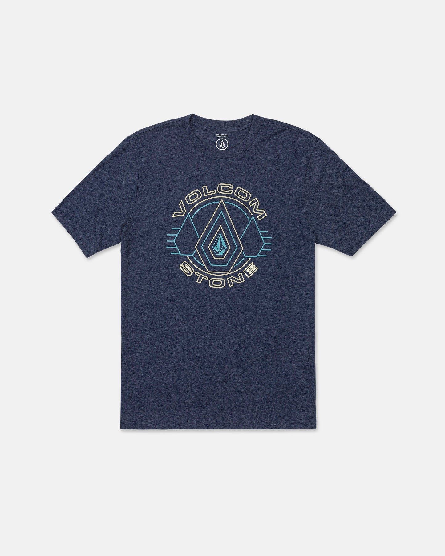 Introducing the Men's Line Feld Short Sleeve Tee by Volcom—a navy blue heather t-shirt featuring a vibrant geometric logo and "Volcom Stone" text on the front. Made from soft ring-spun cotton, this modern-fit tee offers short sleeves and a classic crew neckline for all-day comfort.