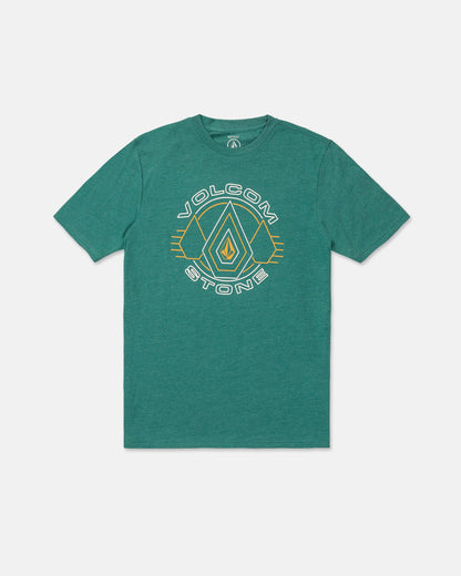 The Men’s Line Feld Short Sleeve Tee by Volcom in Miami Green showcases a modern fit and features a geometric Volcom Stone logo in white, yellow, and blue at the center front. Laid flat against a white background, this t-shirt highlights its soft-hand screen print for enhanced comfort.
