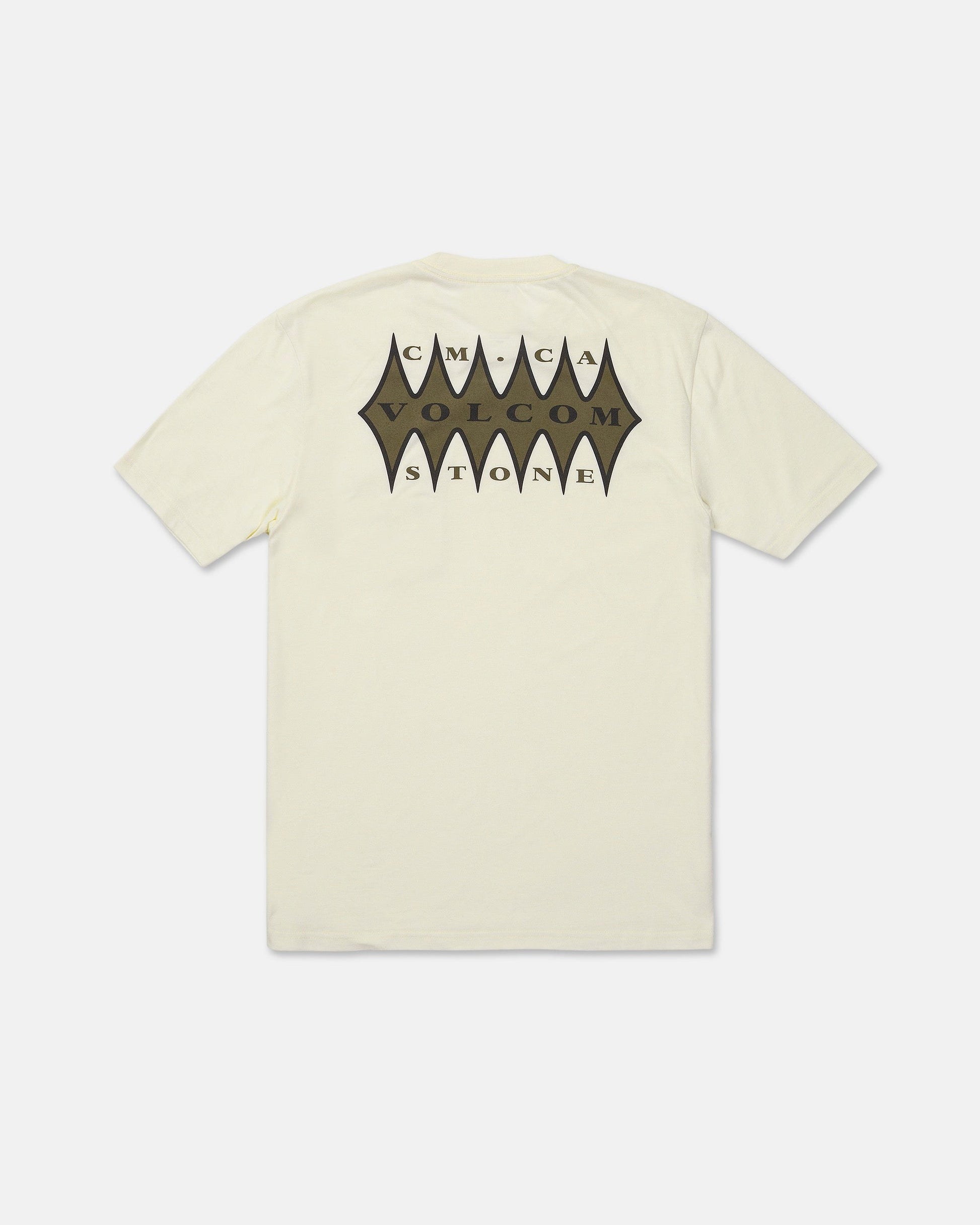 The Volcom Men's Smokers Lounge Short Sleeve Tee comes in a cream color and showcases "CM CA VOLCOM STONE" in bold black letters set within a spiked black graphic on the back. Featuring a modern fit and classic crew neck, this stylish tee makes a comfortable addition to your collection.