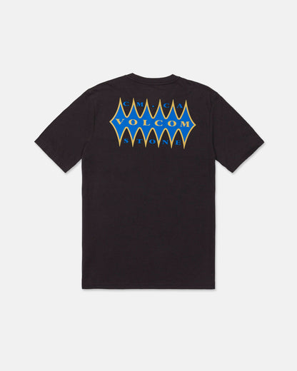 The Volcom Men's Smokers Lounge Short Sleeve Tee features a washed black heather colorway and a modern fit. A convenient chest pocket adds both style and function, while the back showcases a bold graphic with blue and yellow diamond shapes and the text "VOLCOM STONE" in large letters, with "CMA, CA" in smaller font above.