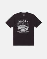Introducing the Volcom Men's Collector Short Sleeve Tee in washed black, featuring a unique crackle-ink artwork of a vinyl record and white "VOLCOM USED RECORD SHOP" text. With its retro, music-inspired design, this tee is an ideal collector's piece for any music enthusiast.