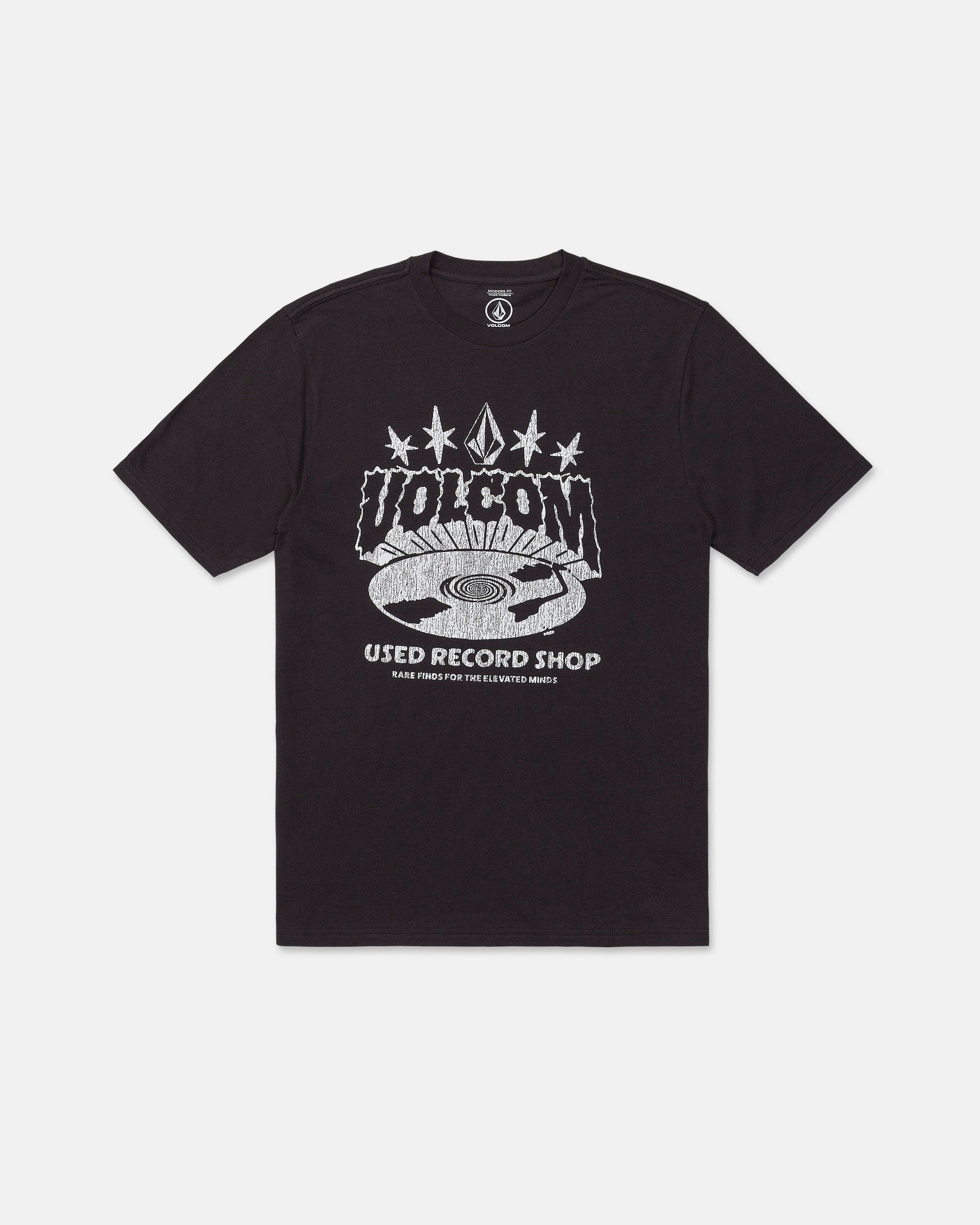 Introducing the Volcom Men's Collector Short Sleeve Tee in washed black, featuring a unique crackle-ink artwork of a vinyl record and white "VOLCOM USED RECORD SHOP" text. With its retro, music-inspired design, this tee is an ideal collector's piece for any music enthusiast.