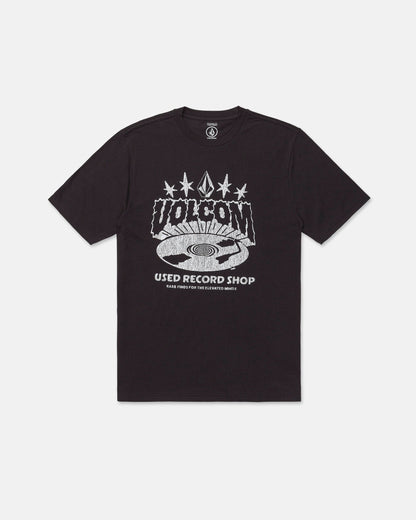 Introducing the Volcom Men's Collector Short Sleeve Tee in washed black, featuring a unique crackle-ink artwork of a vinyl record and white "VOLCOM USED RECORD SHOP" text. With its retro, music-inspired design, this tee is an ideal collector's piece for any music enthusiast.