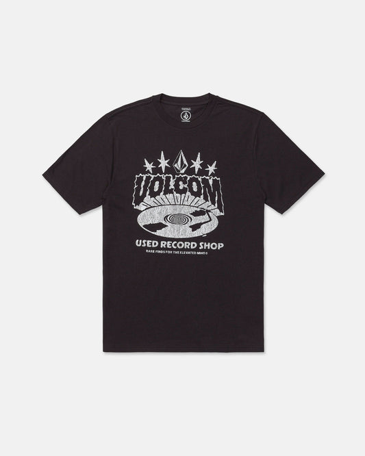 Introducing the Volcom Men's Collector Short Sleeve Tee in washed black, featuring a unique crackle-ink artwork of a vinyl record and white "VOLCOM USED RECORD SHOP" text. With its retro, music-inspired design, this tee is an ideal collector's piece for any music enthusiast.