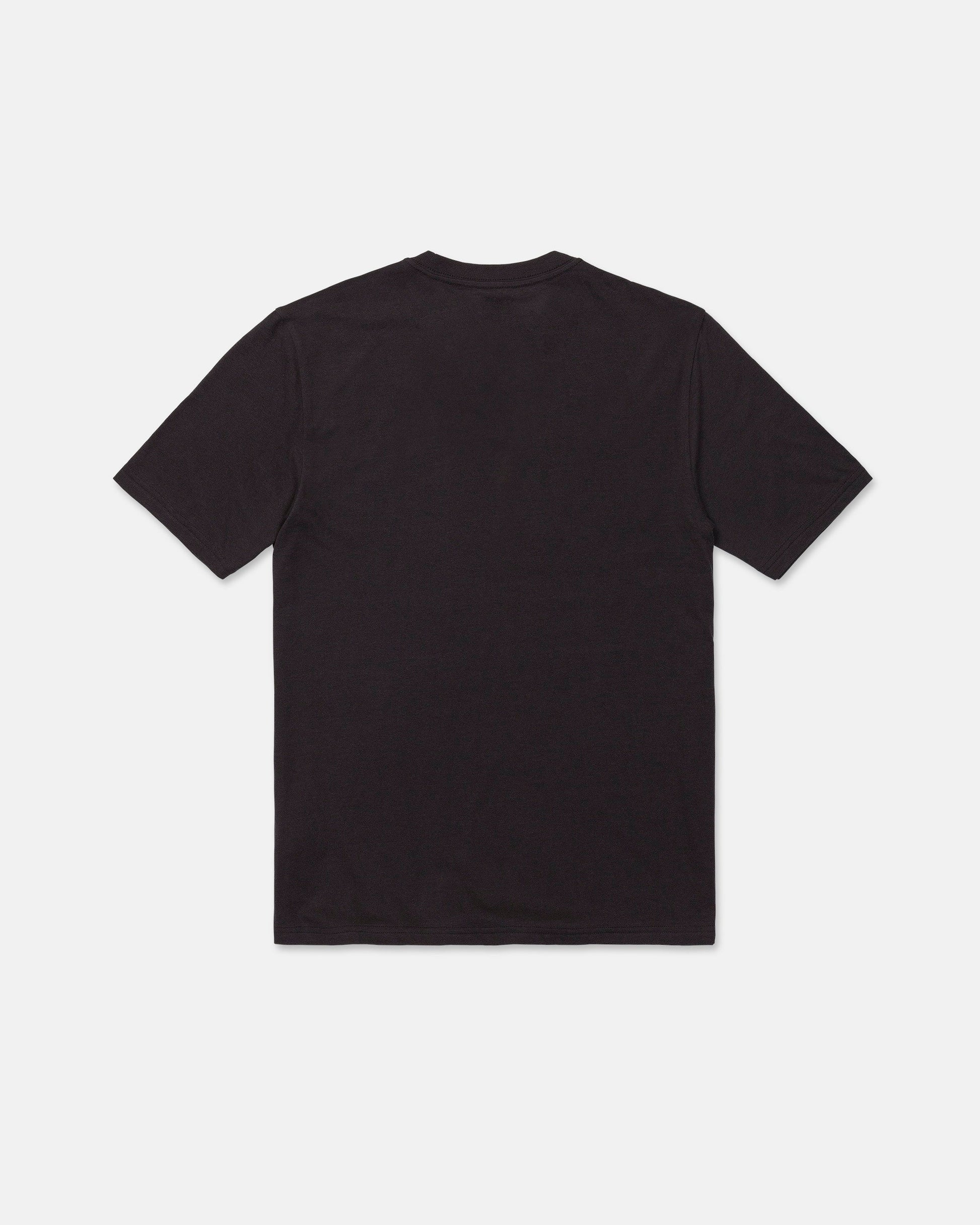 The Volcom Men's Collector Short Sleeve Tee in washed black is laid flat, viewed from the back, on a white background—an understated piece perfect for any wardrobe.