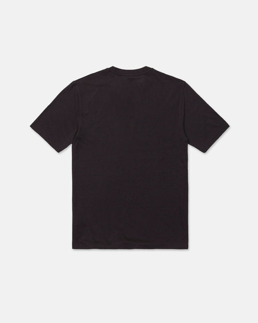 The Volcom Men's Collector Short Sleeve Tee in washed black is laid flat, viewed from the back, on a white background—an understated piece perfect for any wardrobe.