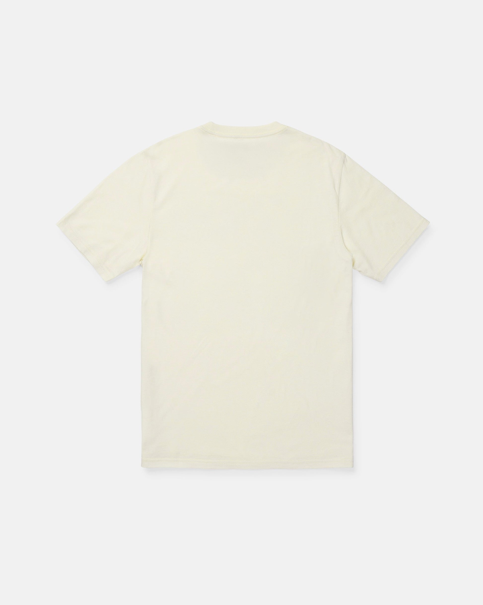 Back view of the Volcom Men's Filled Out Short Sleeve Tee in off-white, featuring a modern fit and short sleeves, laid flat on a white background.