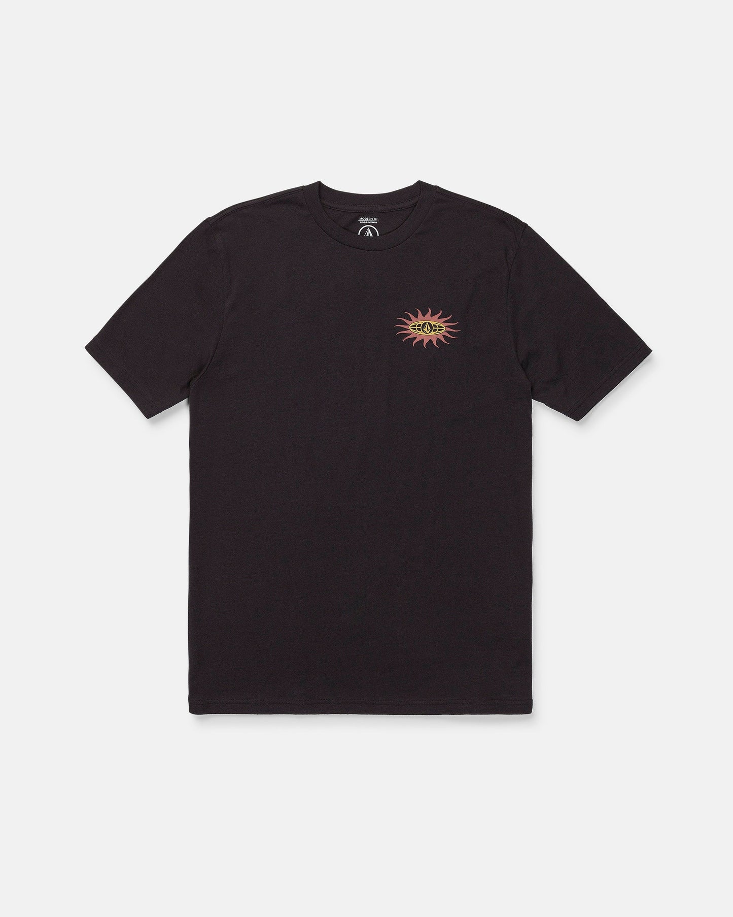 The Volcom Men's Spf91 Short Sleeve Tee is a medium-weight heather t-shirt in plain black, featuring a small red and yellow sun graphic on the left chest. Displayed against a white background, this modern fit tee is crafted from a soft ring spun cotton-poly blend, offering everyday comfort.