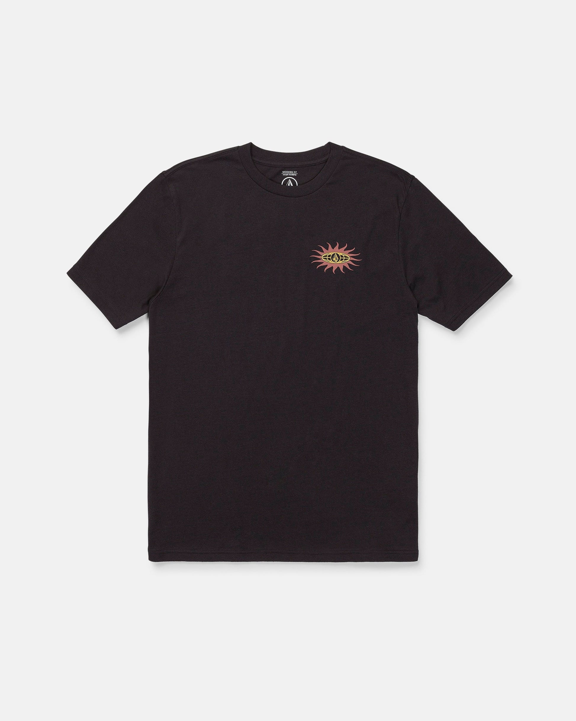 The Volcom Men's Spf91 Short Sleeve Tee is a medium-weight heather t-shirt in plain black, featuring a small red and yellow sun graphic on the left chest. Displayed against a white background, this modern fit tee is crafted from a soft ring spun cotton-poly blend, offering everyday comfort.