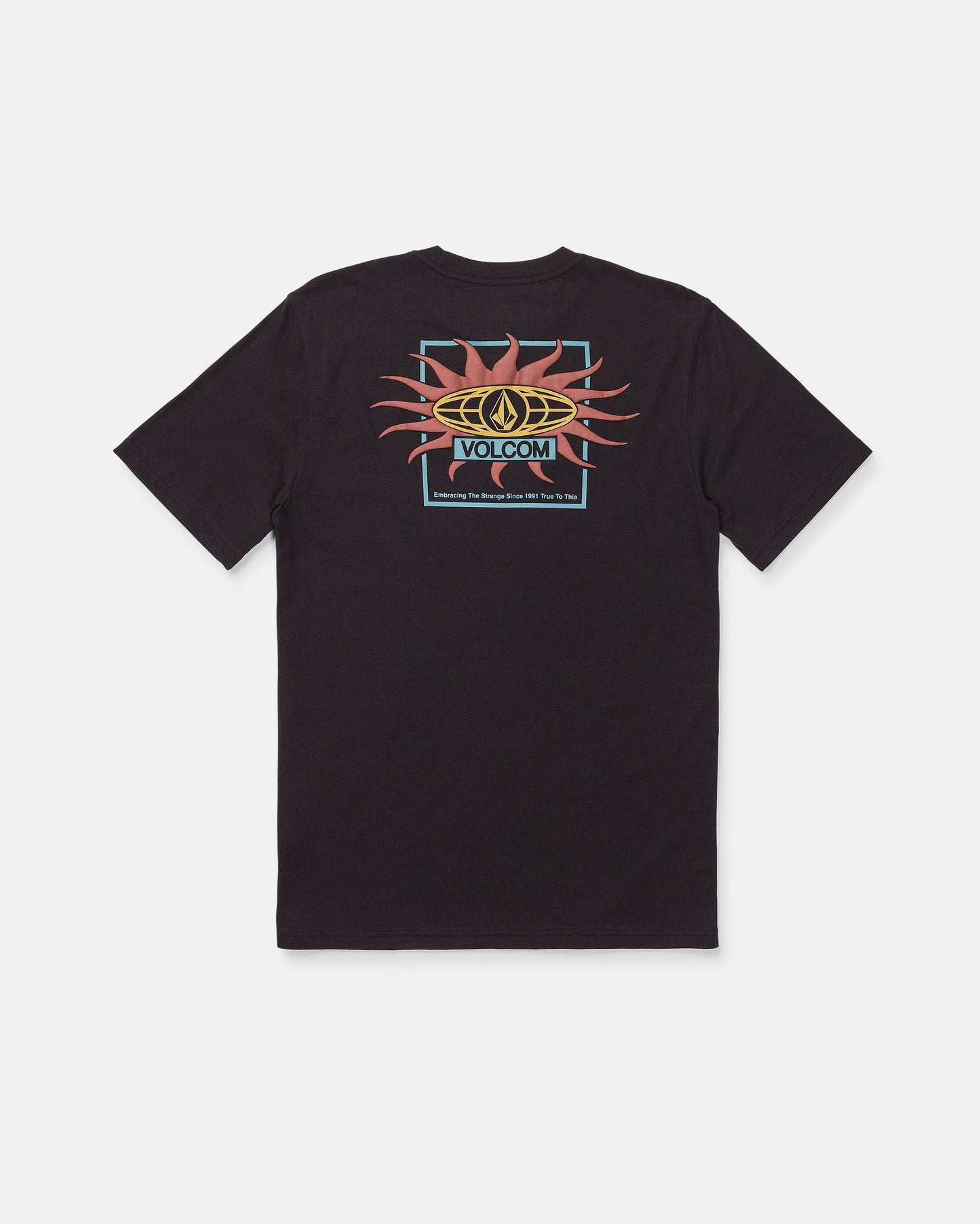 The Men's Spf91 Short Sleeve Tee by Volcom is a modern fit, medium-weight heather T-shirt crafted from a comfortable and durable ring spun cotton-poly blend. It features short sleeves and a vibrant graphic on the back with a stylized sun, VOLCOM logo, and text underneath. The tee is shown laid flat on a white background.