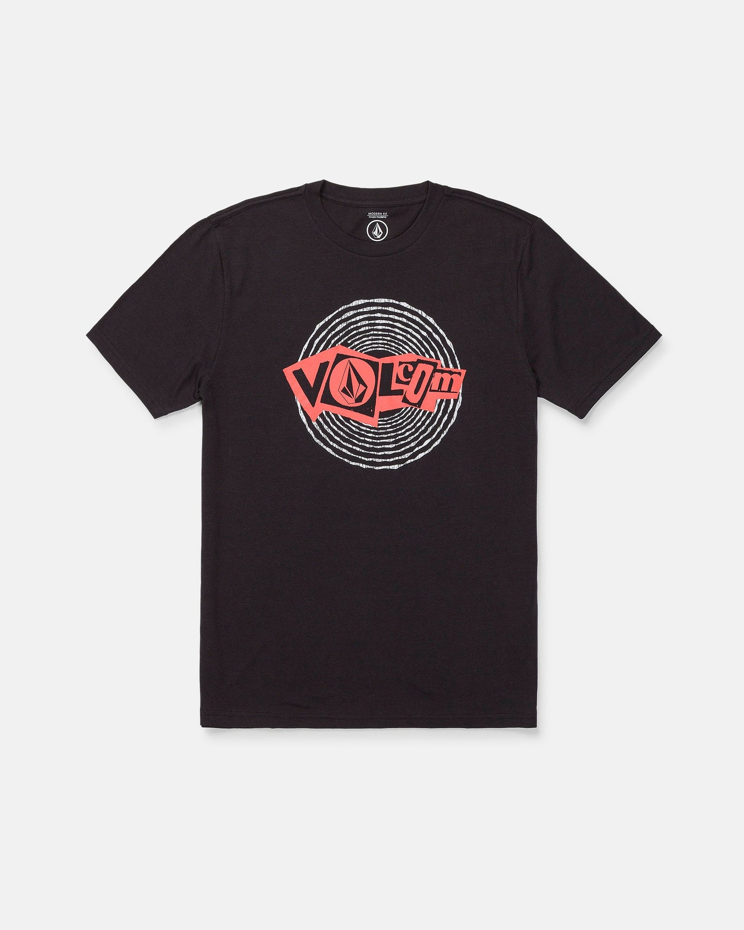 The Men's Dizzy Down Short Sleeve Tee by Volcom features a red and white Volcom logo graphic with concentric circular lines on the chest. This modern fit tee comes in a Washed Black Heather colorway, and is designed with short sleeves and a crew neckline.