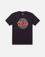 The Men's Dizzy Down Short Sleeve Tee by Volcom features a red and white Volcom logo graphic with concentric circular lines on the chest. This modern fit tee comes in a Washed Black Heather colorway, and is designed with short sleeves and a crew neckline.