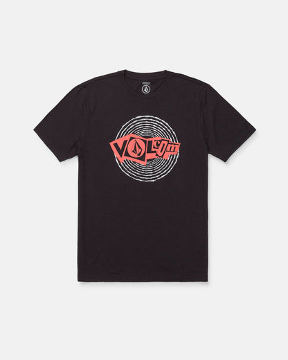 The Men's Dizzy Down Short Sleeve Tee by Volcom features a red and white Volcom logo graphic with concentric circular lines on the chest. This modern fit tee comes in a Washed Black Heather colorway, and is designed with short sleeves and a crew neckline.